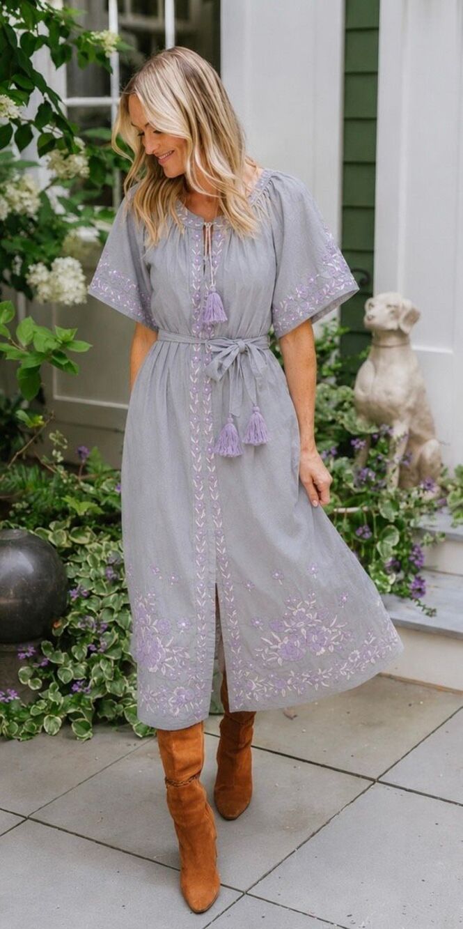NWT Julia Amory Short Sleeve Coatue Caftan Embroidered Midi Dress, Sm $298